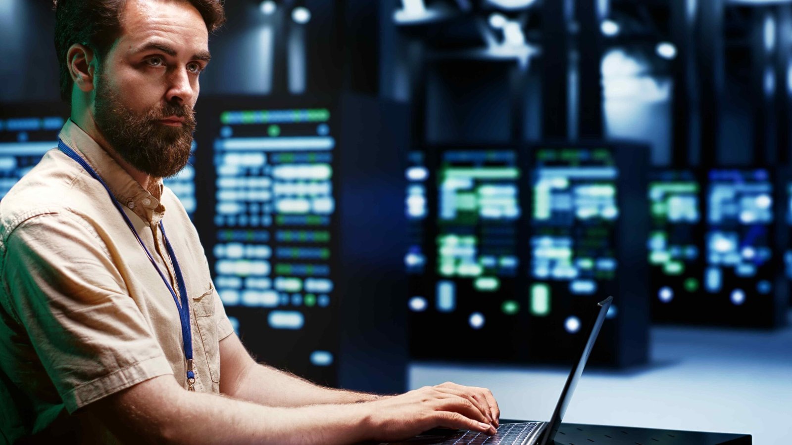 A man working on a laptop in a server room, surrounded by blurred server racks. The scene conveys focus and a tech-oriented environment.